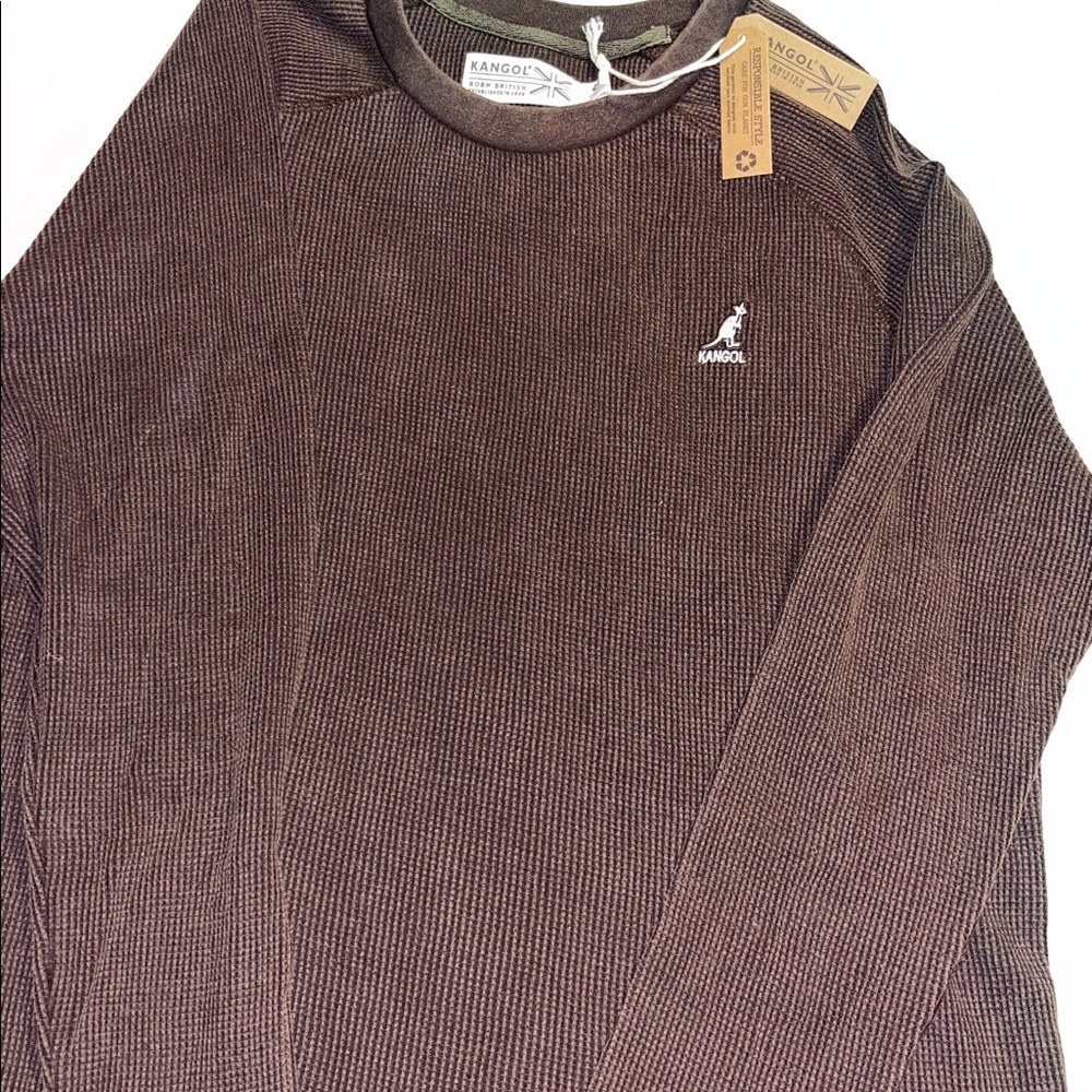 Kangol Men's Dark Acid Wash Brown Crewneck Waffle Textured Shirt